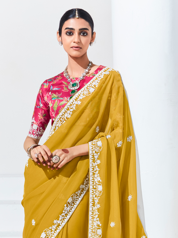Mustard Yellow Embroidered Designer Georgette Saree
