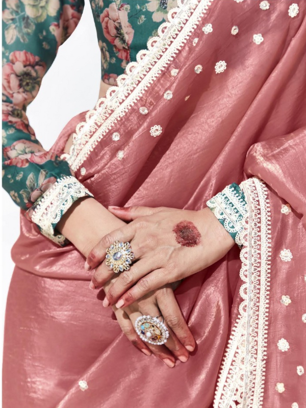 Rose Pink Embroidered Designer Satin Silk Saree