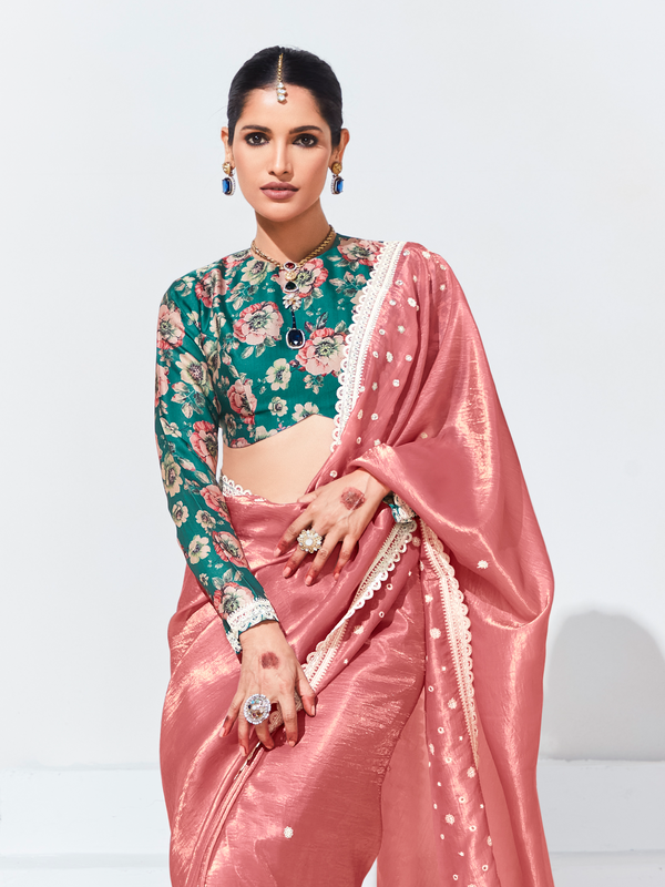 Rose Pink Embroidered Designer Satin Silk Saree