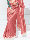 Rose Pink Embroidered Designer Satin Silk Saree
