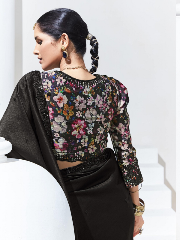 Midnight Black Embroidered Designer Georgette Saree