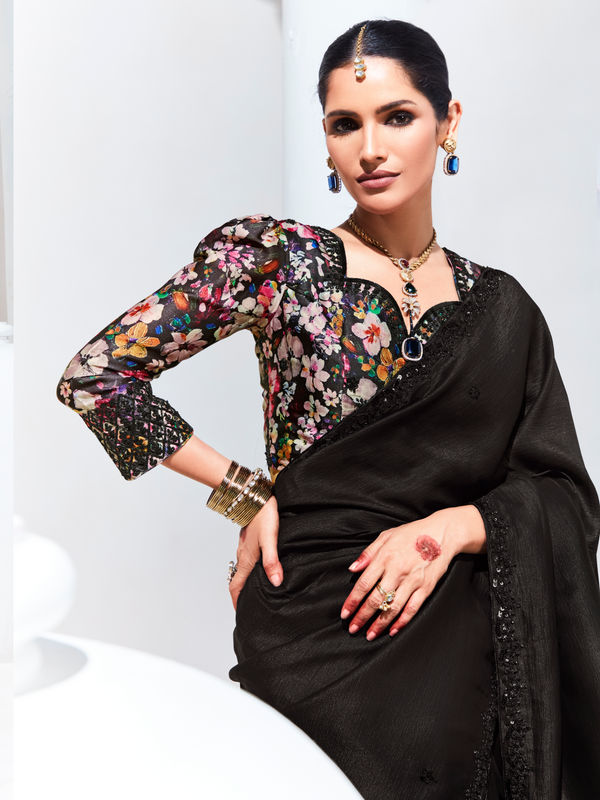 Midnight Black Embroidered Designer Georgette Saree
