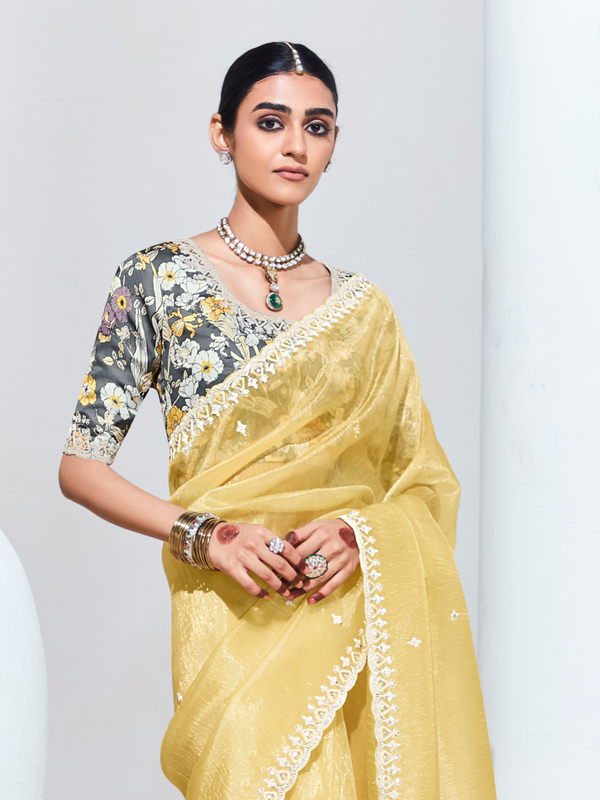 Lemon Yellow Embroidered Designer Tissue Silk Saree With Contrast Blouse