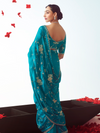 Peacock Teal Embroidered Designer Satin Silk Saree