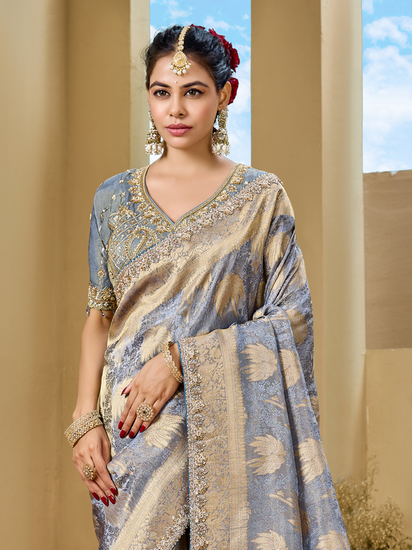 Grey Blue Banarasi Tissue Silk Saree