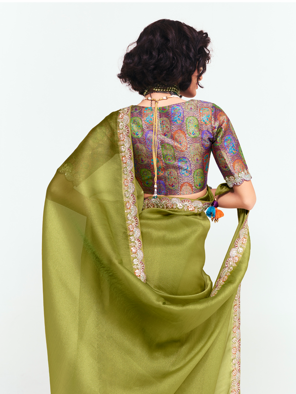 Olive Green Satin Silk Saree With Contrast Blouse