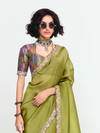 Olive Green Satin Silk Saree With Contrast Blouse