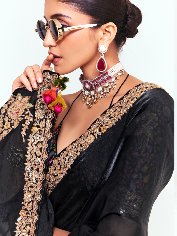 Black Tissue Silk Saree With Contrast Blouse