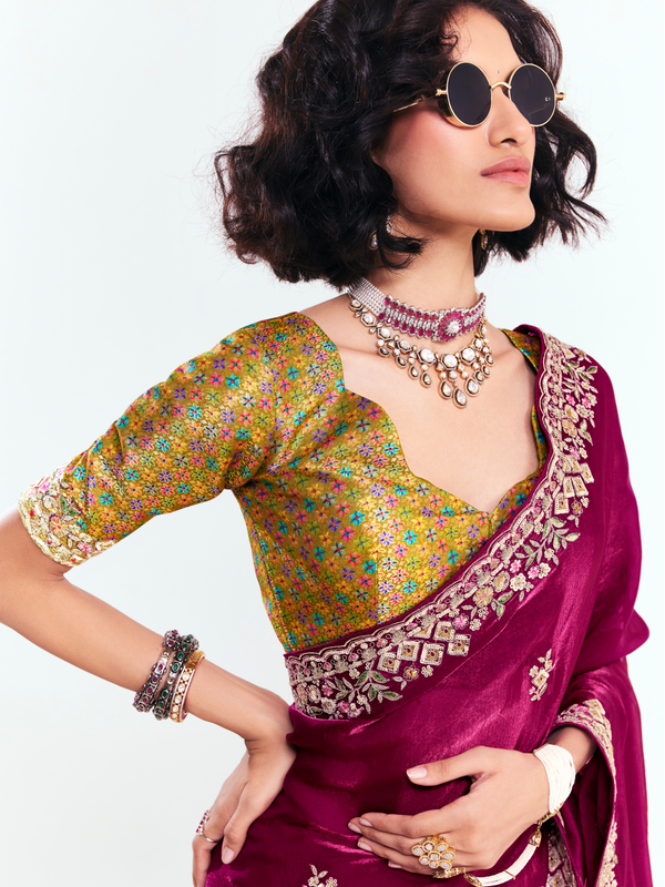 Wine Satin Silk Saree With Contrast Blouse