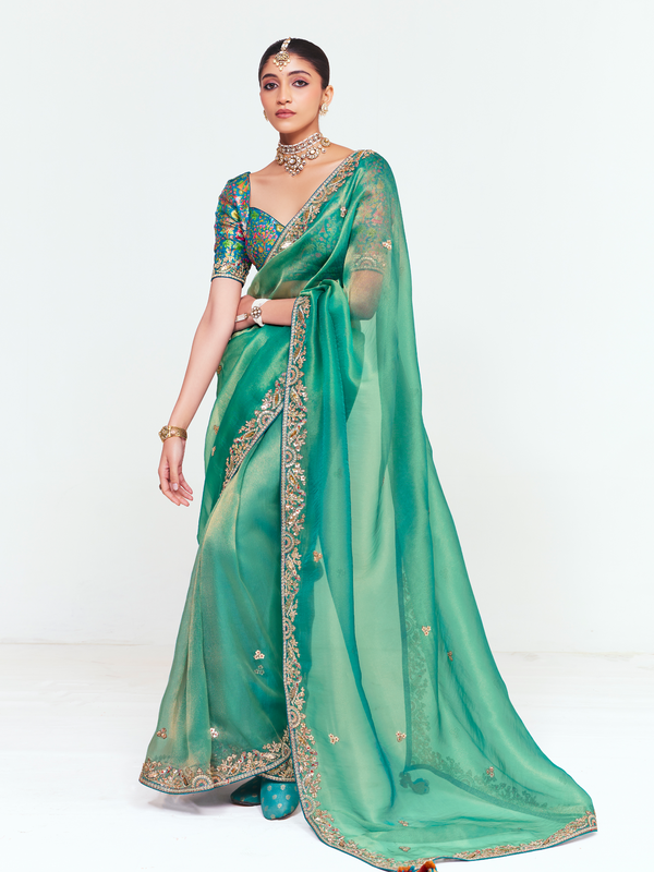 Sea Green Organza Silk Saree With Contrast Blouse