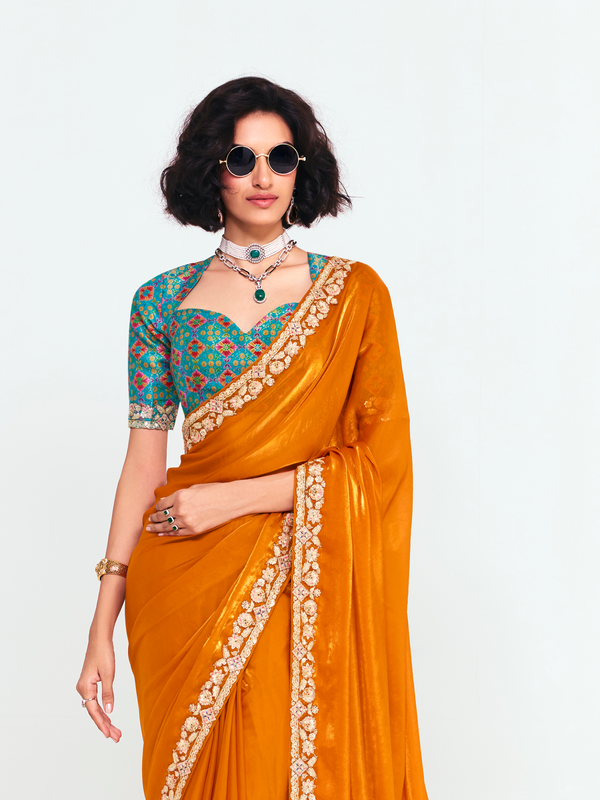 Saffron Orange Satin Silk Saree With Contrast Blouse