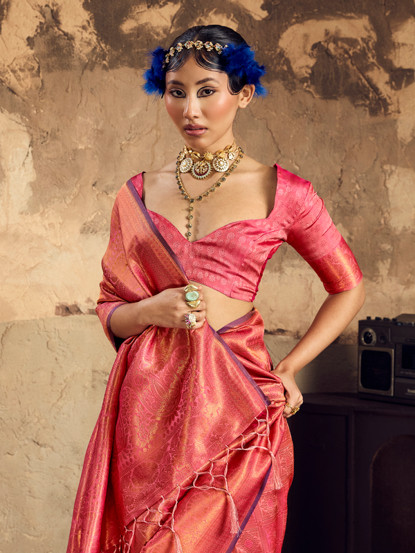 Coral Red Banarasi Soft Silk Saree
