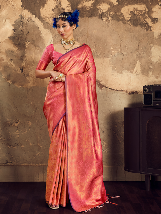 Coral Red Banarasi Soft Silk Saree