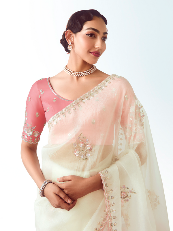 Ivory Embroidered Designer Organza Silk Saree With Contrast Blouse