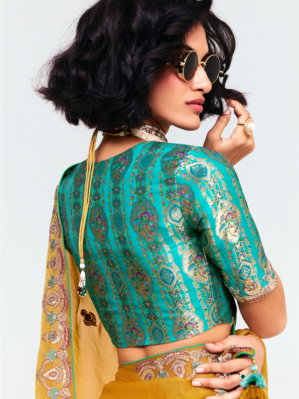Mustard Yellow Organza Silk Saree With Contrast Blouse