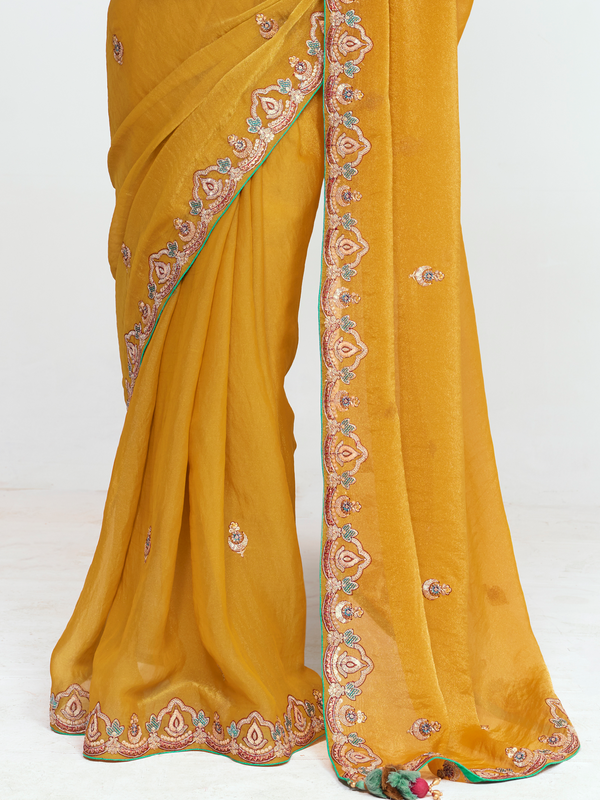 Mustard Yellow Organza Silk Saree With Contrast Blouse