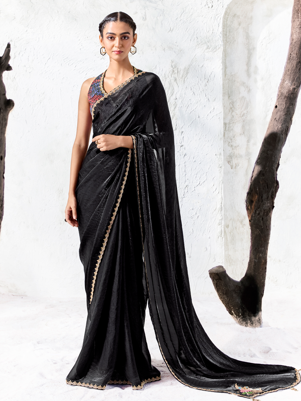 Midnight Black Embroidered Designer Satin Silk Saree