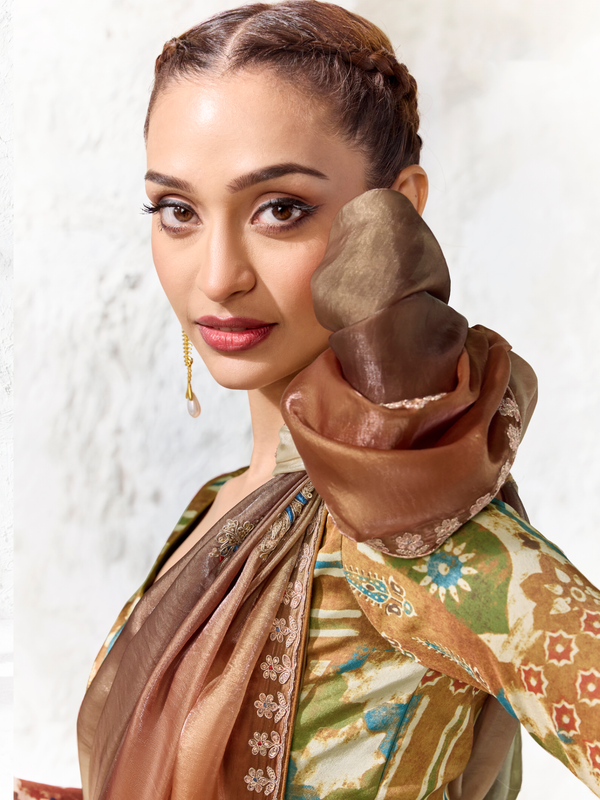 Olive Green Embroidered Designer Organza Silk Saree