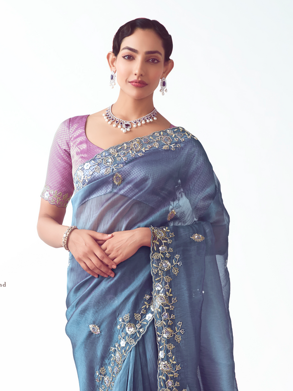 Steel Blue Embroidered Designer Organza Silk Saree With Contrast Blouse