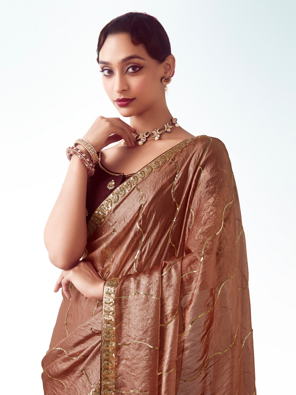 Rose Gold Embroidered Designer Tissue Silk Saree With Contrast Blouse