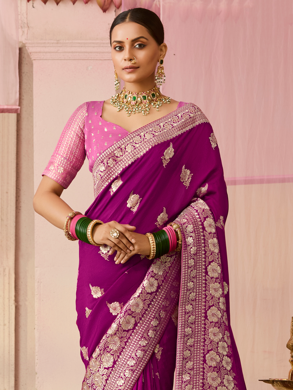 Wine Purple Banarasi Dola Silk Saree