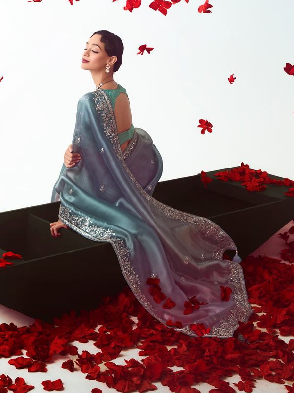 Multicolor Embroidered Designer Organza Silk Saree
