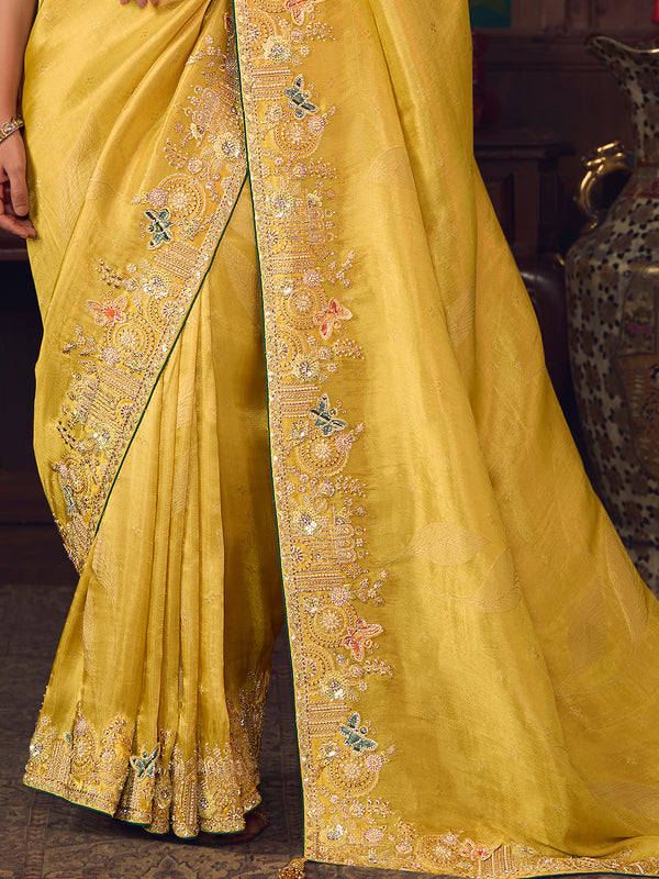 Sunshine Yellow Designer Organza Silk Saree with Contrast Blouse