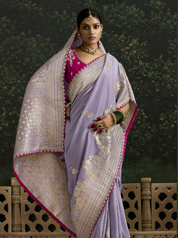 Lilac Purple Designer Banarasi Dola Silk Saree With Golden Zari Work