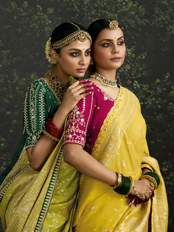 Lime Green Designer Banarasi Dola Silk Saree With Golden Zari Work