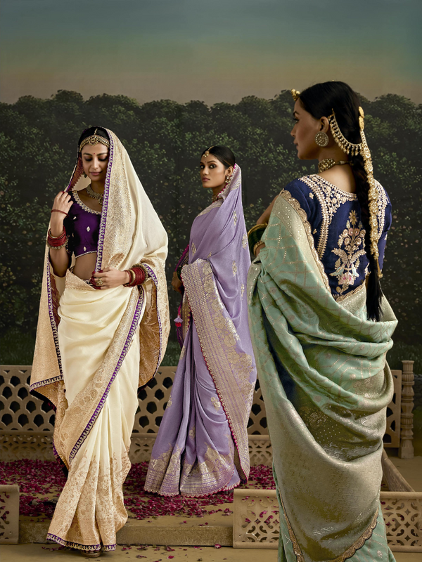 Off White Designer Banarasi Dola Silk Saree With Golden Zari Work