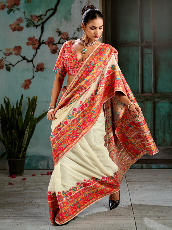 Ivory Kashmiri Cotton Silk Saree With Contrast Blouse
