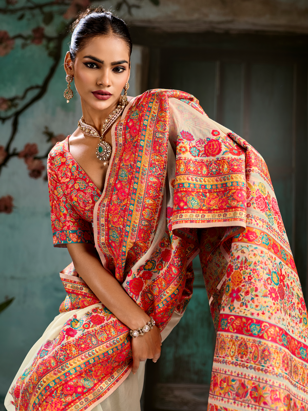Ivory Kashmiri Cotton Silk Saree With Contrast Blouse