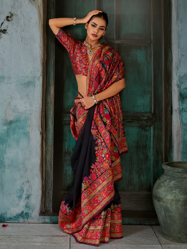 Black Kashmiri Cotton Silk Saree With Contrast Blouse