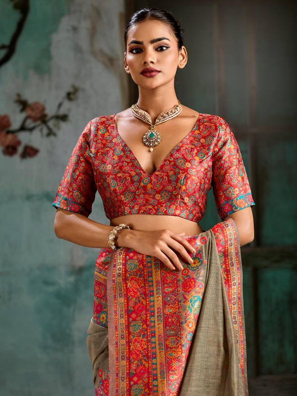 Chiku Beige Kashmiri Cotton Silk Saree With Contrast Blouse