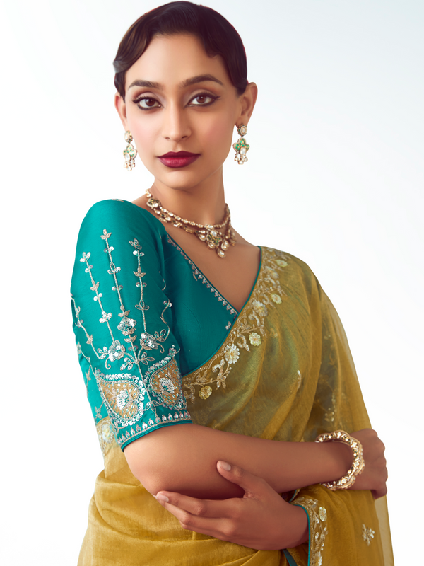 Mustard Yellow Embroidered Designer Tissue Silk Saree With Contrast Blouse