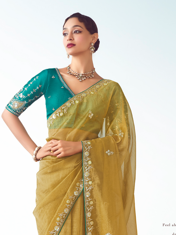 Mustard Yellow Embroidered Designer Tissue Silk Saree With Contrast Blouse