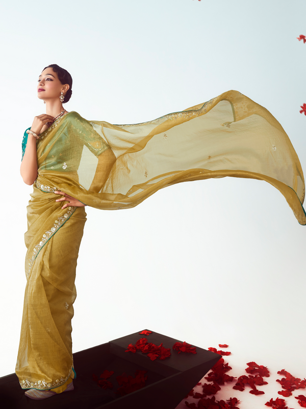 Mustard Yellow Embroidered Designer Tissue Silk Saree With Contrast Blouse
