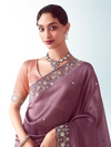 Mauve Purple Embroidered Designer Satin Silk Saree With Contrast Blouse