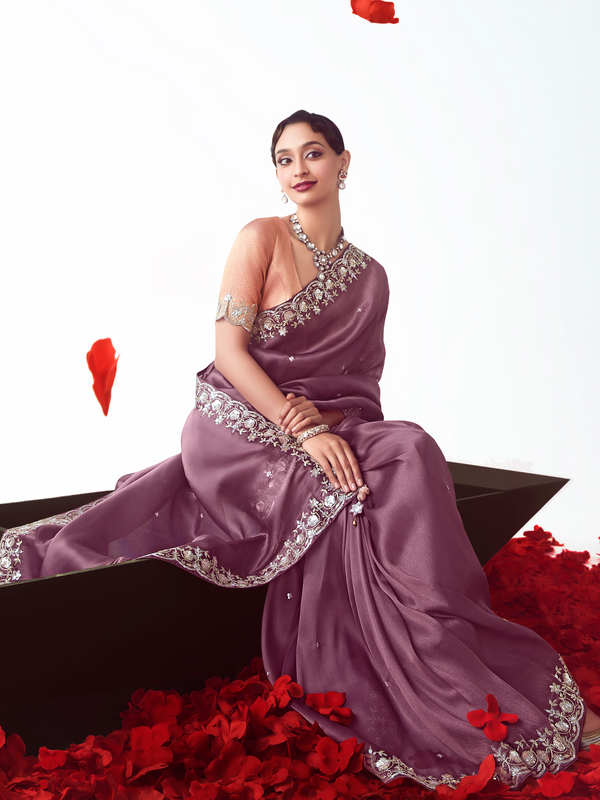 Mauve Purple Embroidered Designer Satin Silk Saree With Contrast Blouse