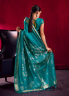 Teal Blue Banarasi Satin Silk Saree