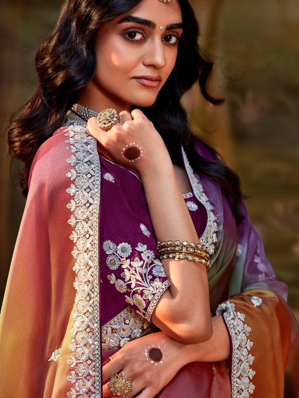 Multicolor Embroidered Designer Organza Silk Saree With Contrast Blouse