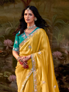 Mustard Yellow Embroidered Designer Organza Silk Saree With Contrast Blouse