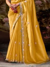 Mustard Yellow Embroidered Designer Organza Silk Saree With Contrast Blouse
