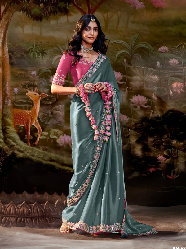 Steel Grey Embroidered Designer Organza Silk Saree With Contrast Blouse