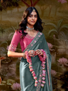 Steel Grey Embroidered Designer Organza Silk Saree With Contrast Blouse