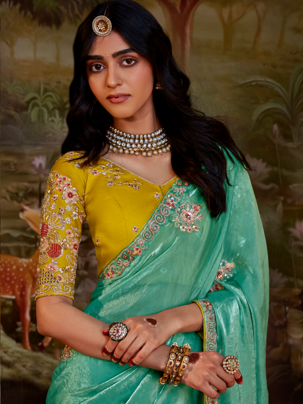 Sea Green Embroidered Designer Organza Silk Saree With Contrast Blouse