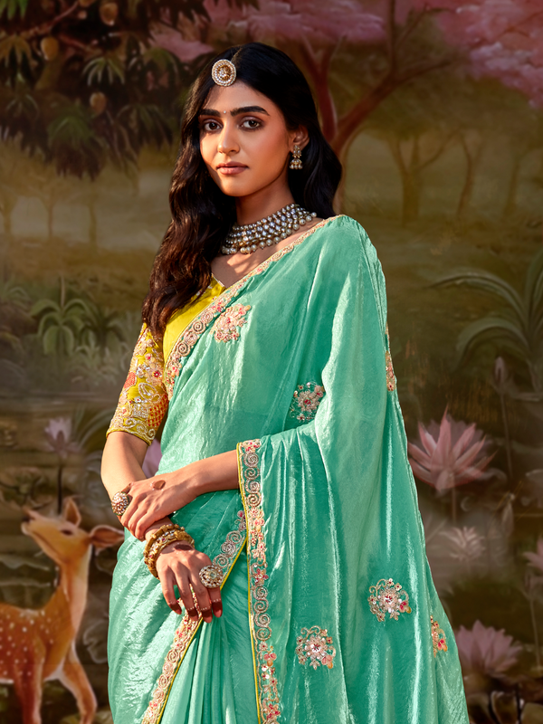 Sea Green Embroidered Designer Organza Silk Saree With Contrast Blouse