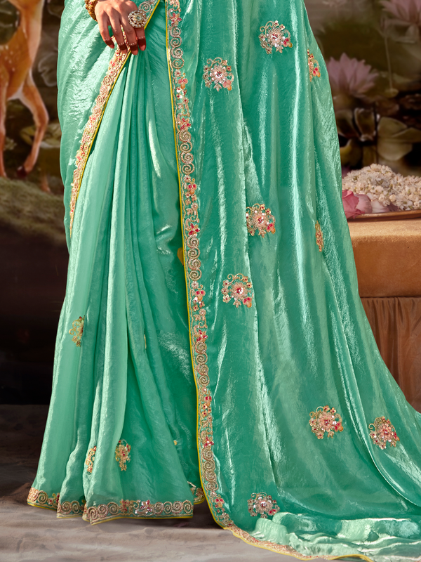 Sea Green Embroidered Designer Organza Silk Saree With Contrast Blouse