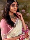 Ivory Embroidered Designer Organza Silk Saree With Contrast Blouse