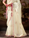 Ivory Embroidered Designer Organza Silk Saree With Contrast Blouse
